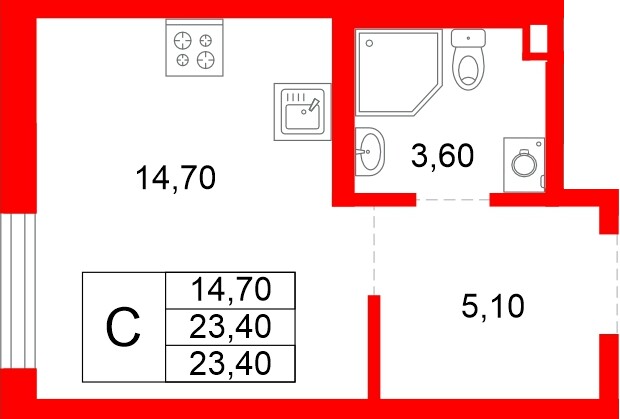 Планировка — Студия квартира, 23,4 м² в ЖК «Плюс Пулковский»