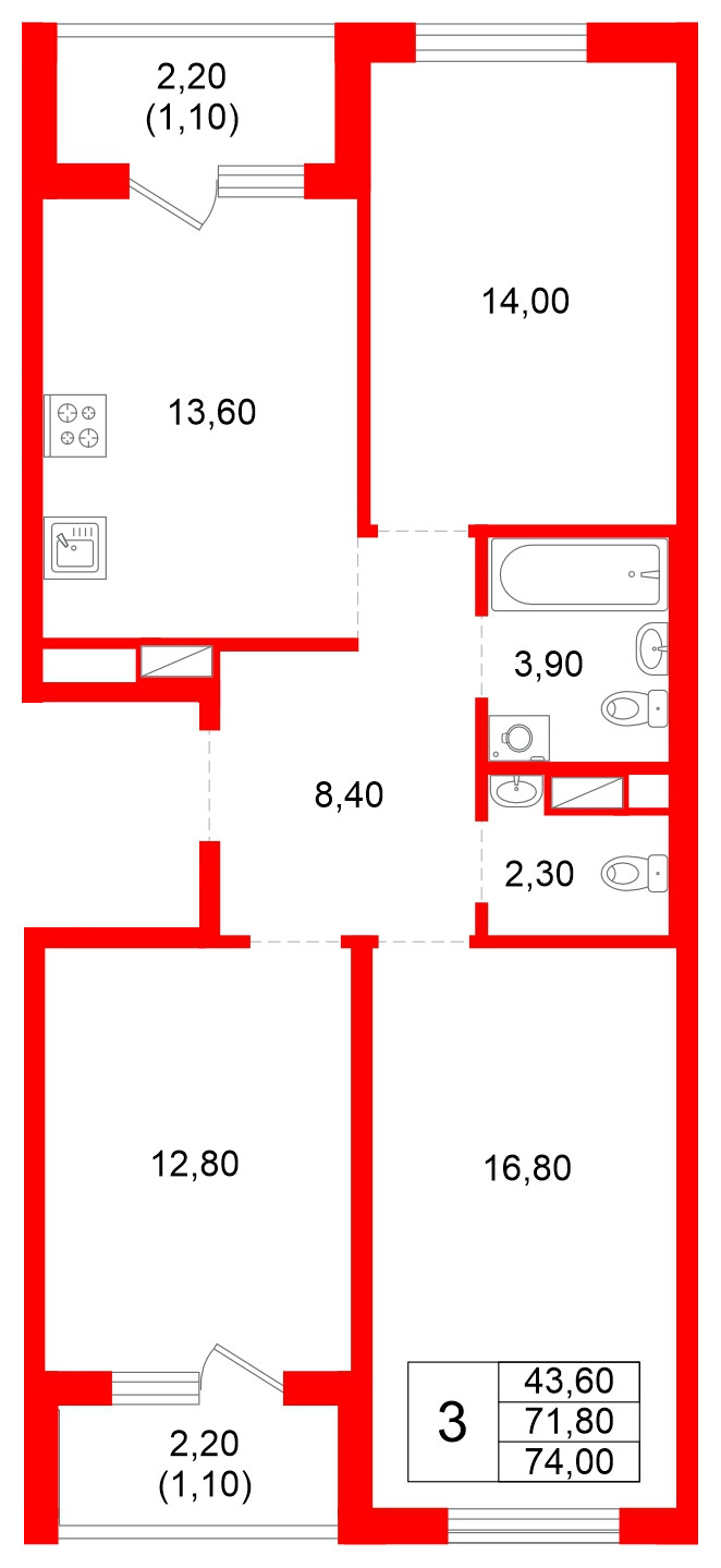 Квартира в ЖК Plus Пулковский, 3 комнатная, 74 м², 5 этаж