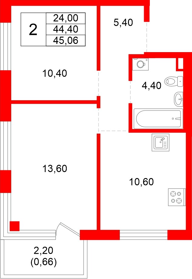 Квартира в ЖК «Плюс Пулковский», 2 комнатная, 45.06 м², 2 этаж