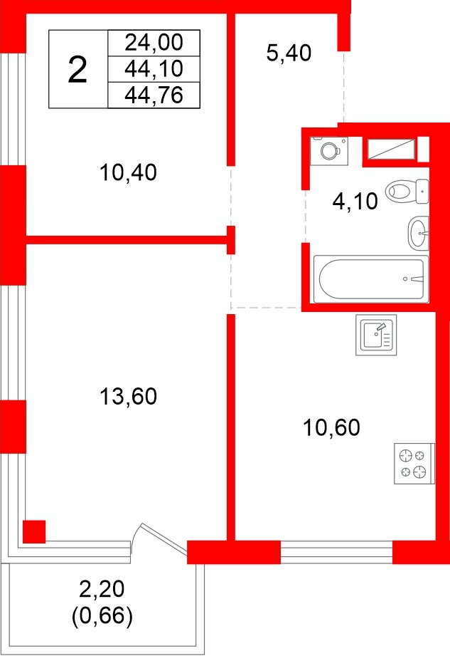 Квартира в ЖК «Плюс Пулковский», 2 комнатная, 44.76 м², 5 этаж