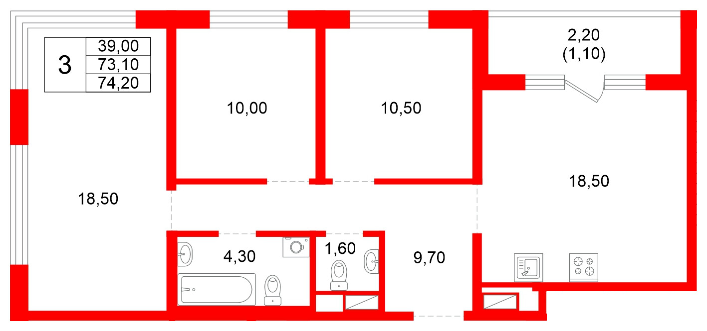 Квартира в ЖК Plus Пулковский, 3 комнатная, 74.2 м², 4 этаж