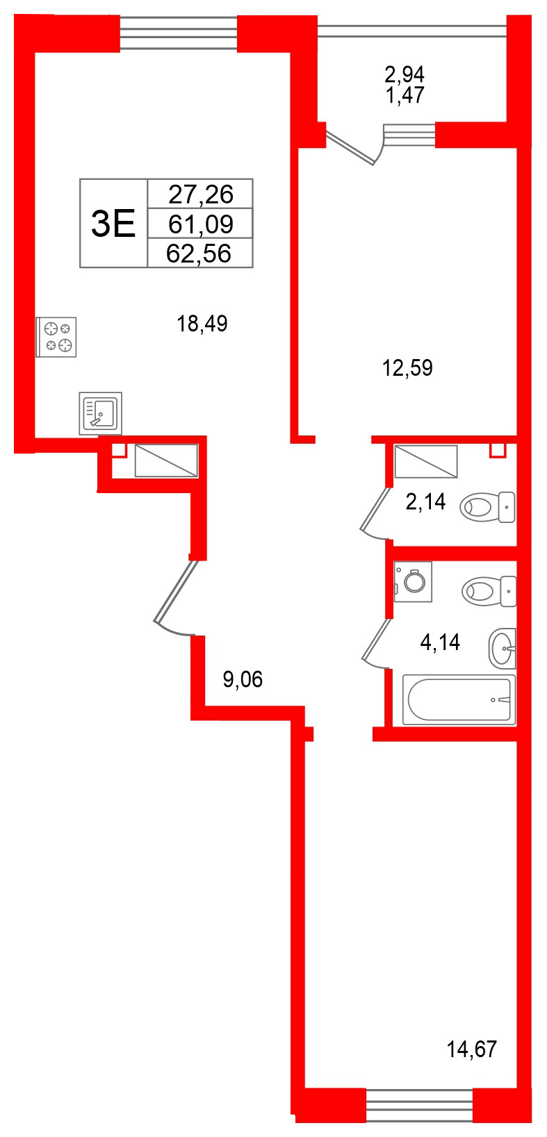 Квартира в ЖК «Респект», 2 комнатная, 62.56 м², 3 этаж