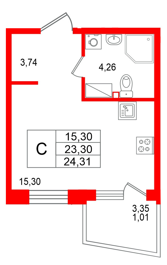 Квартира в ЖК «Респект», студия, 24.31 м², 7 этаж