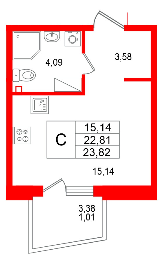 Квартира в ЖК «Респект», студия, 23.82 м², 4 этаж