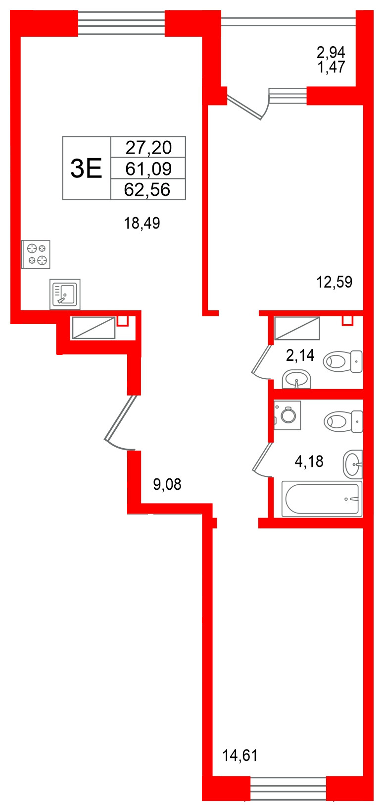Квартира в ЖК «Респект», 2 комнатная, 62.56 м², 11 этаж