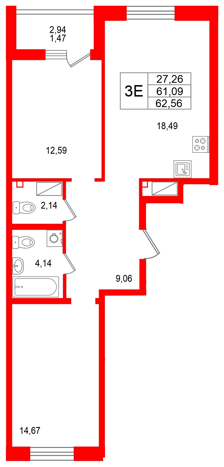 Квартира в ЖК «Респект», 2 комнатная, 62.56 м², 12 этаж