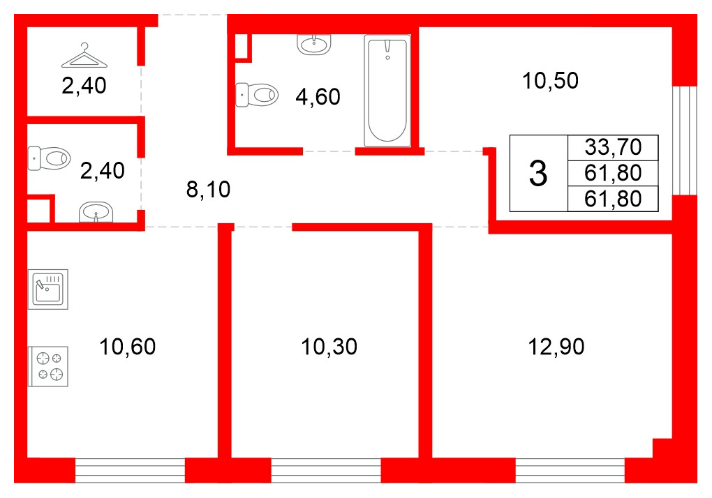 Квартира в ЖК Plus Пулковский, 3 комнатная, 61.8 м², 1 этаж