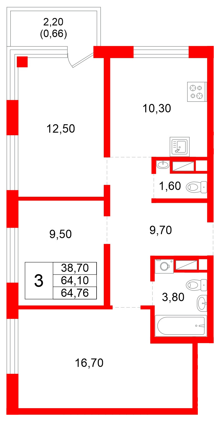 Квартира в ЖК Plus Пулковский, 3 комнатная, 64.76 м², 3 этаж