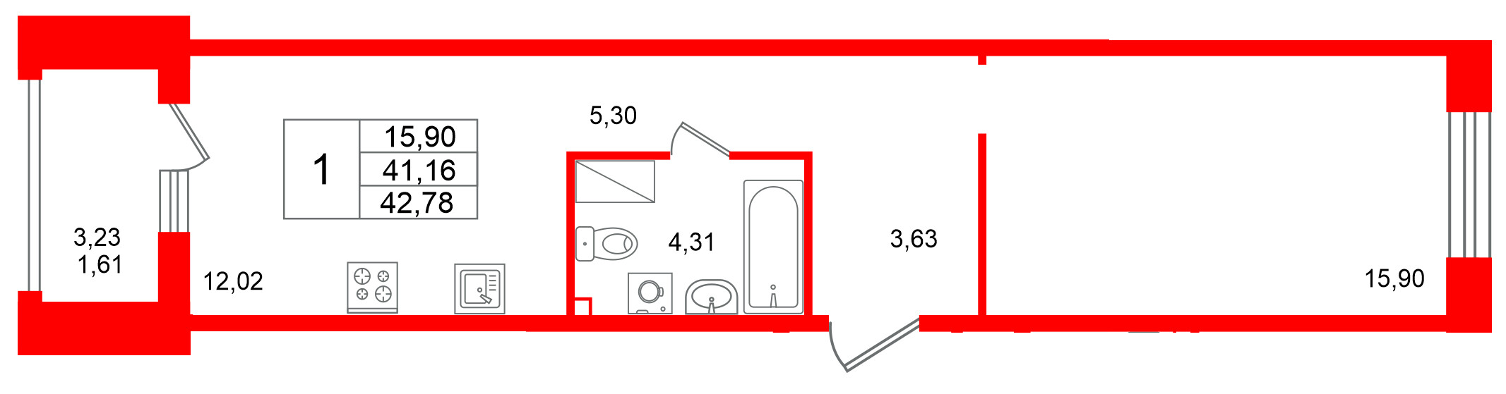 Квартира в ЖК «Респект», 1 комнатная, 42.78 м², 3 этаж