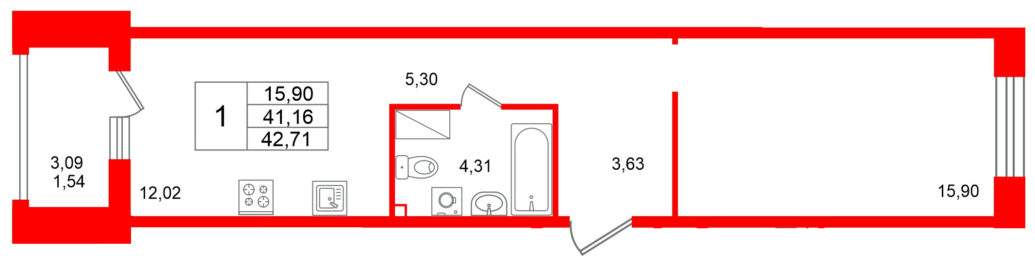 Квартира в ЖК «Респект», 1 комнатная, 42.71 м², 4 этаж