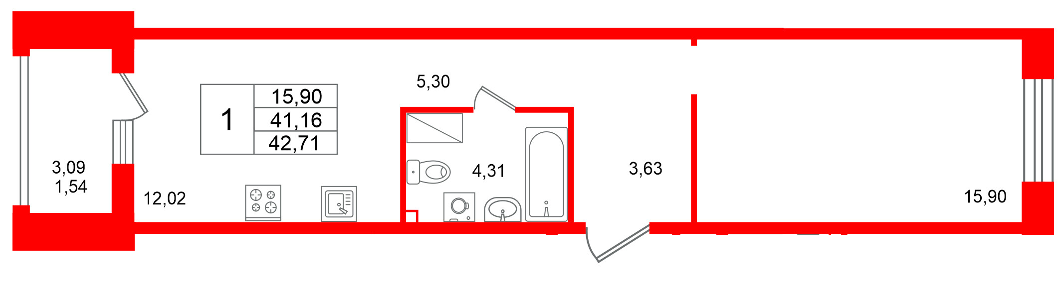 Квартира в ЖК «Респект», 1 комнатная, 42.71 м², 8 этаж