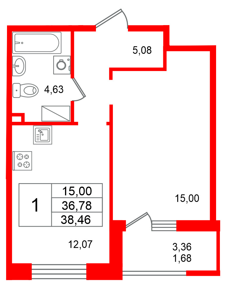 Квартира в ЖК «Респект», 1 комнатная, 38.46 м², 4 этаж