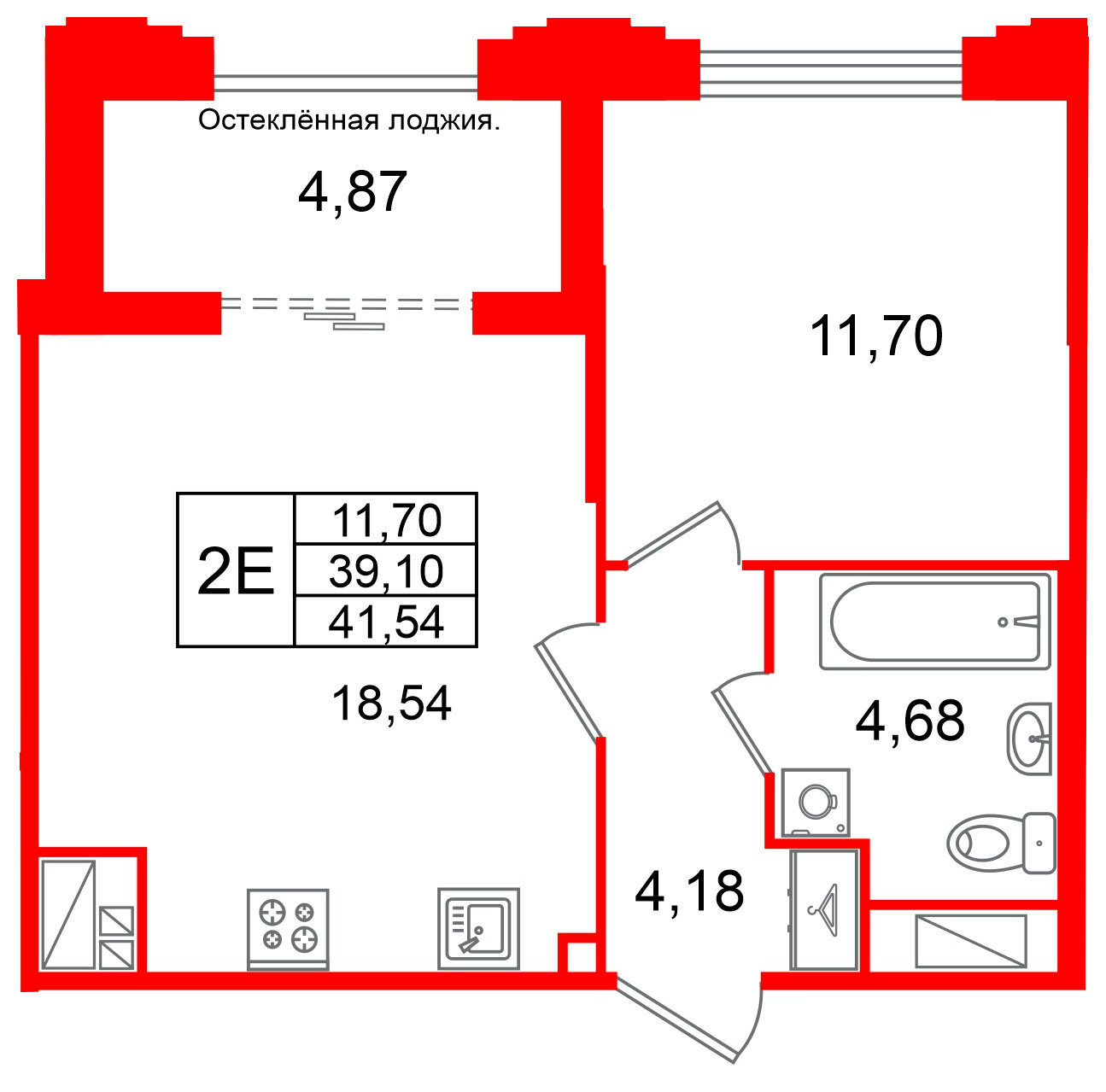 Квартира в ЖК Кристалл Холл, 1 комнатная, 39.1 м², 4 этаж