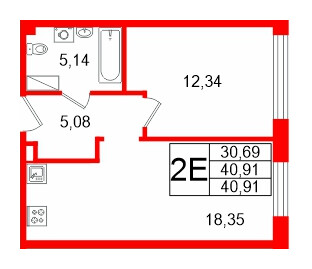 Апартаменты в ЖК Про.Молодость, 1 комнатные, 40.91 м², 10 этаж