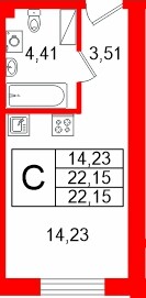Планировка — Студия квартира, 22,1 м² в ЖК «Про.Молодость»