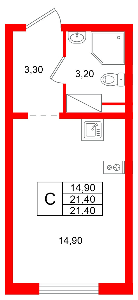 Квартира в ЖК «Ручьи–2», студия, 21.4 м², 8 этаж