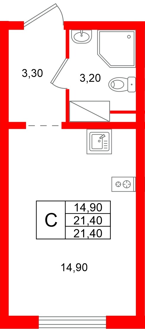 Квартира в ЖК «Ручьи–2», студия, 21.4 м², 21 этаж