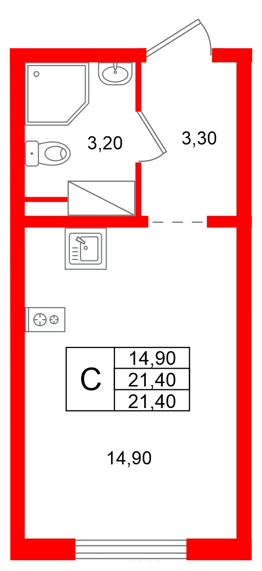 Квартира в ЖК «Ручьи–2», студия, 21.4 м², 15 этаж