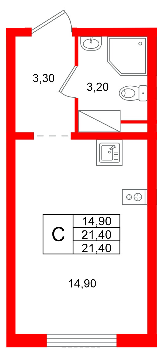 Квартира в ЖК «Ручьи–2», студия, 21.4 м², 9 этаж