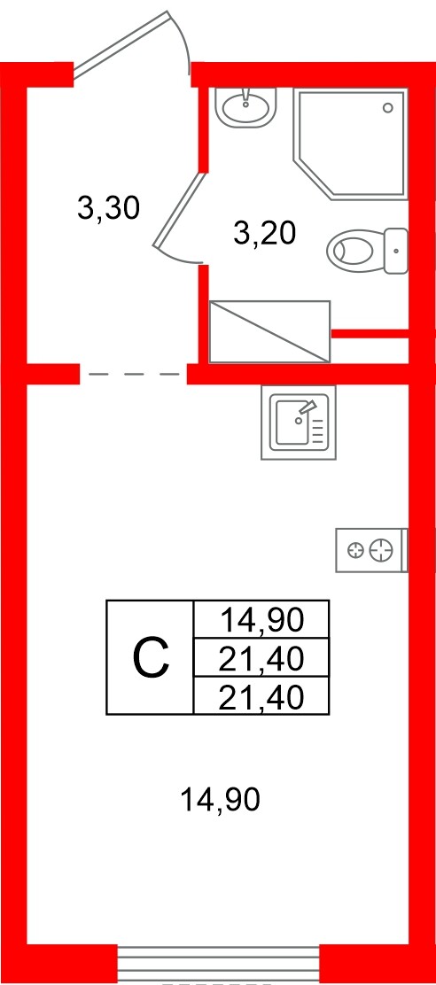Квартира в ЖК «Ручьи–2», студия, 21.4 м², 17 этаж