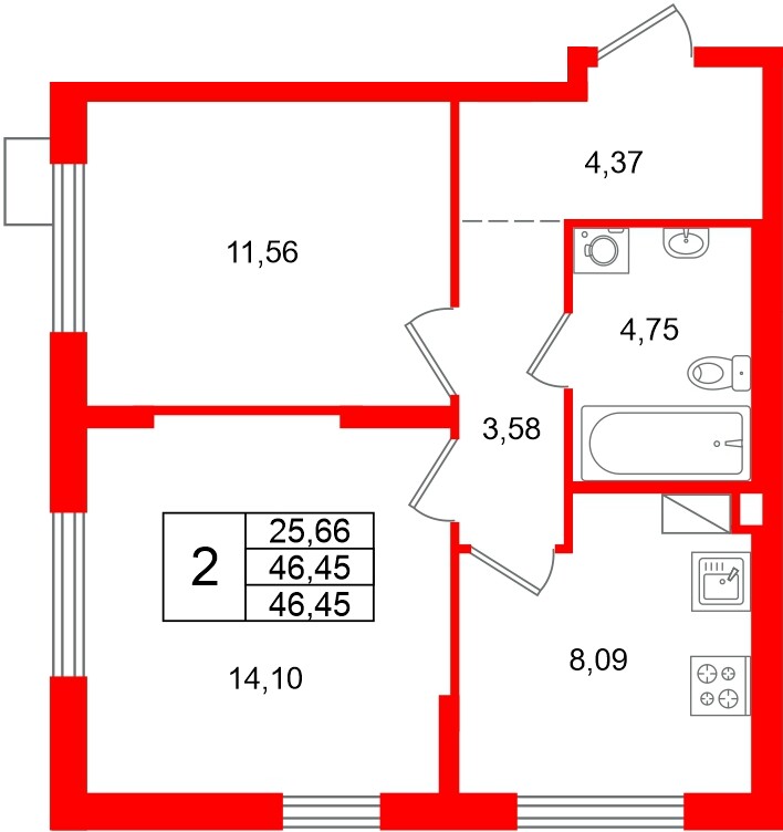 Квартира в ЖК А101 Лаголово, 2 комнатная, 46.45 м², 10 этаж