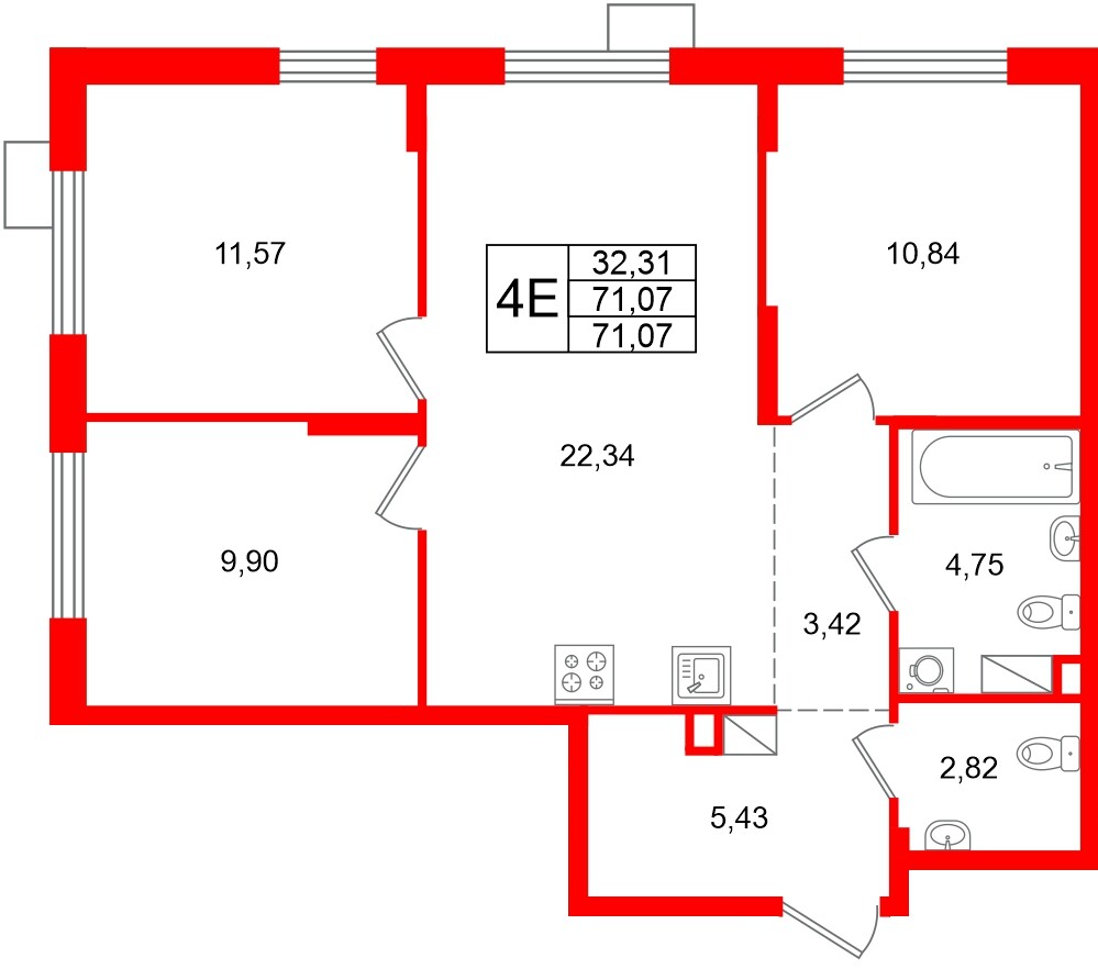 Квартира в ЖК А101 Лаголово, 3 комнатная, 71.07 м², 13 этаж