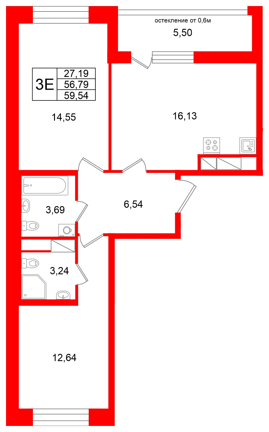 Квартира в ЖК Титул в Московском, 2 комнатная, 56.79 м², 7 этаж
