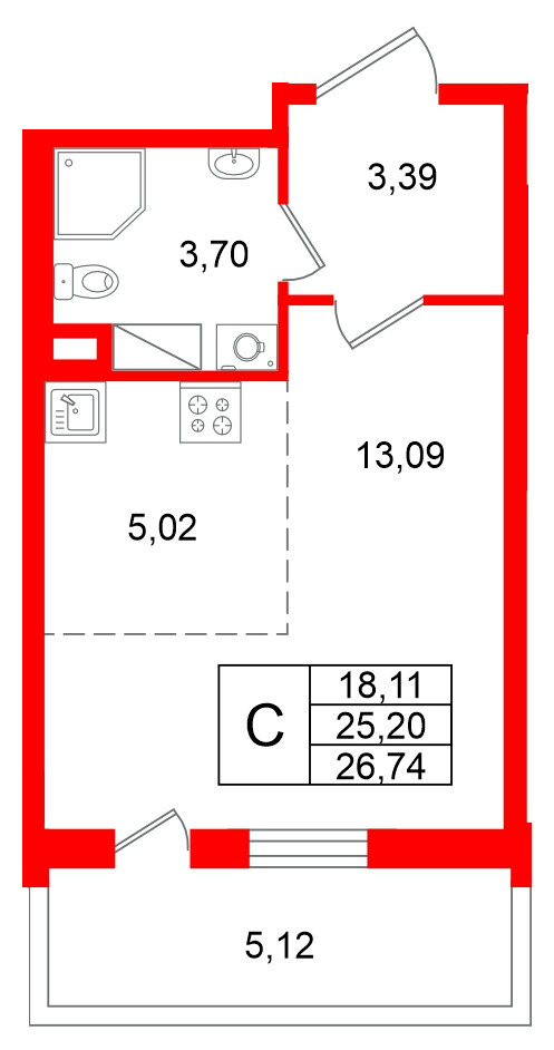 Квартира в ЖК «Титул в Московском», студия, 25.2 м², 10 этаж