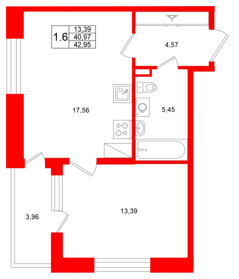 Квартира в ЖК Титул в Московском, 1 комнатная, 40.97 м², 9 этаж