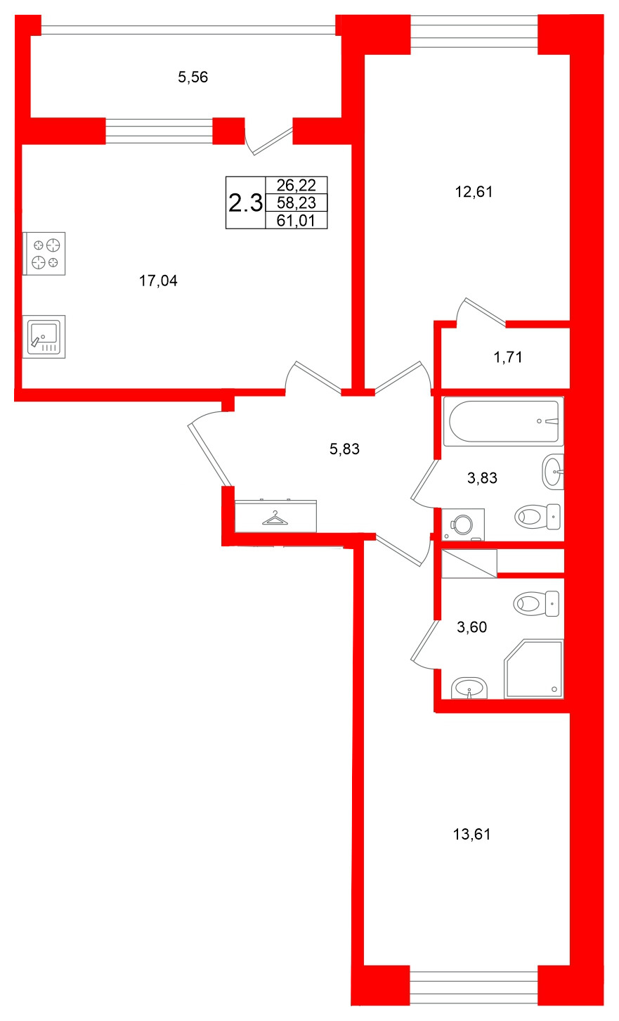 Квартира в ЖК Титул в Московском, 2 комнатная, 58.23 м², 10 этаж