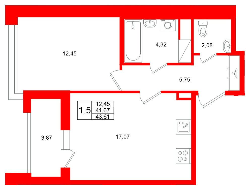 Квартира в ЖК Титул в Московском, 1 комнатная, 41.67 м², 10 этаж