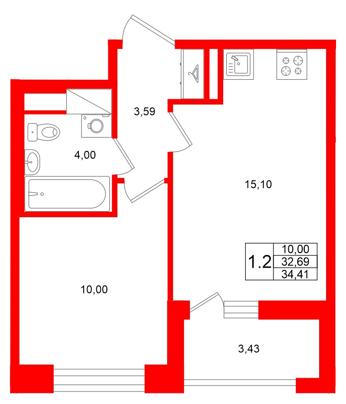 Квартира в ЖК «Титул в Московском», 1 комнатная, 32.69 м², 9 этаж