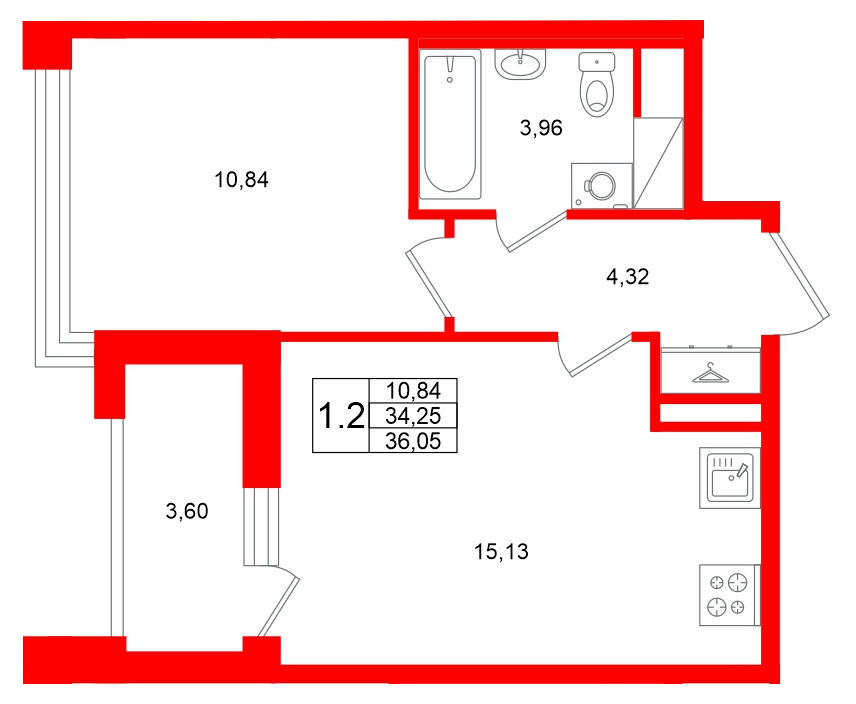 Квартира в ЖК Титул в Московском, 1 комнатная, 34.25 м², 5 этаж