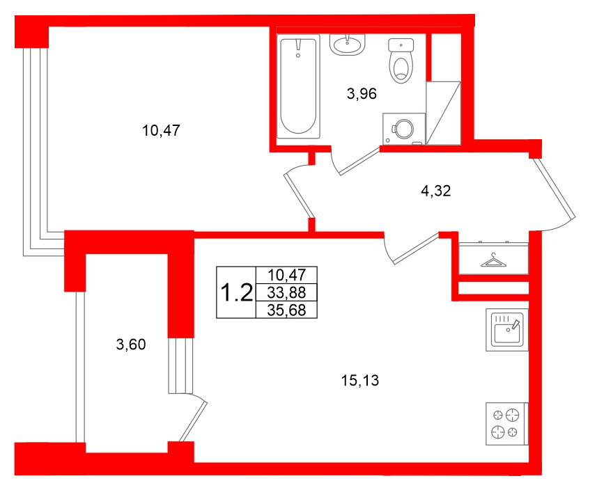 Квартира в ЖК Титул в Московском, 1 комнатная, 33.88 м², 11 этаж