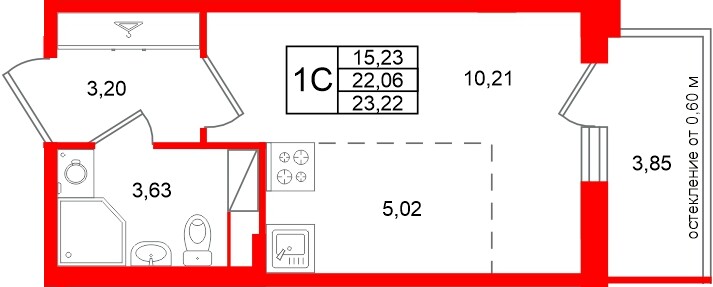 Планировка — Студия квартира, 22,1 м² в ЖК «Титул в Московском»