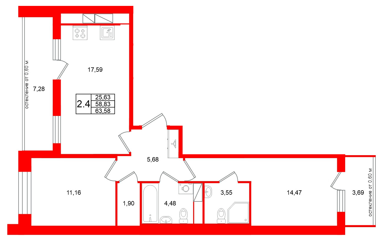 Квартира в ЖК Титул в Московском, 2 комнатная, 58.83 м², 9 этаж