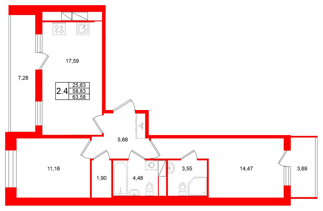 Квартира в ЖК Титул в Московском, 2 комнатная, 58.83 м², 11 этаж