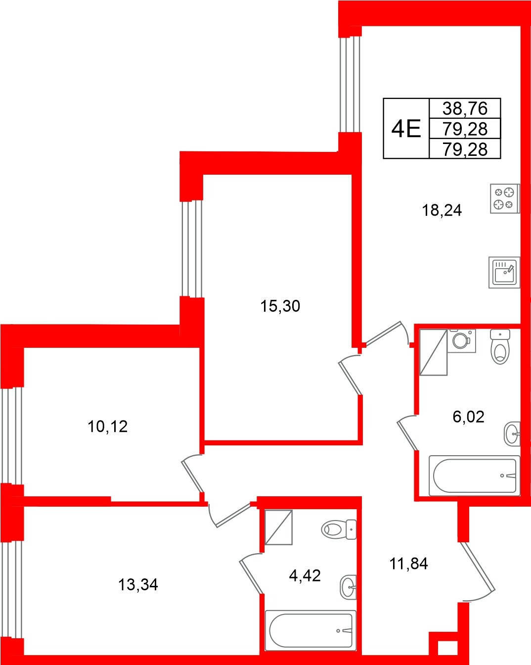 Квартира в ЖК «Речной квартал», 3 комнатная, 79.28 м², 3 этаж