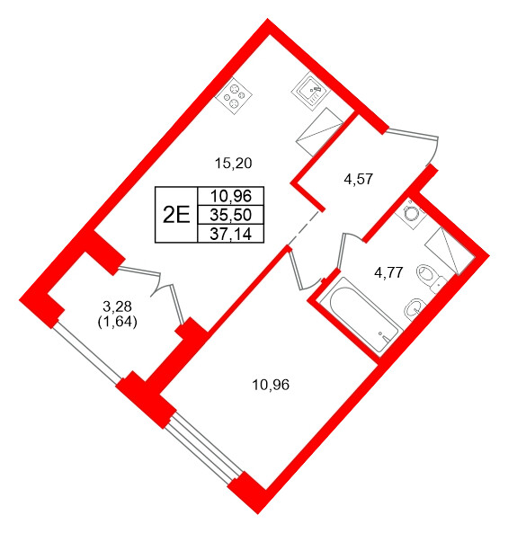 Квартира в ЖК Речной квартал, 1 комнатная, 37.14 м², 3 этаж