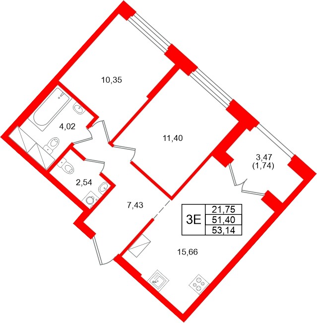 Квартира в ЖК «Речной квартал», 2 комнатная, 53.14 м², 21 этаж
