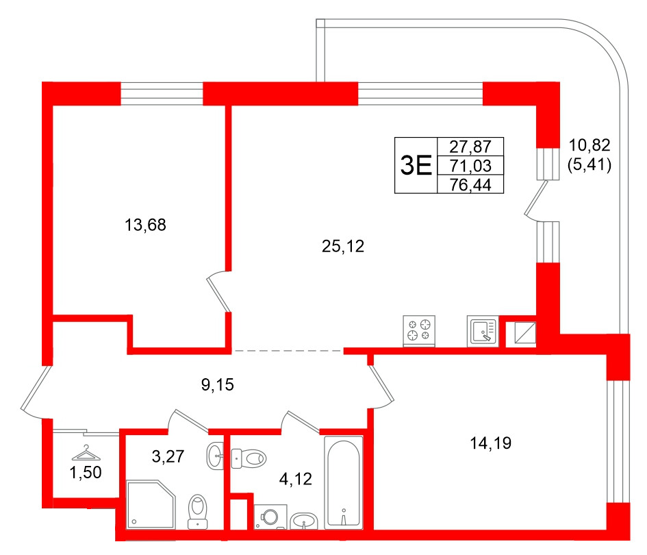 Квартира в ЖК Энфилд, 2 комнатная, 76.44 м², 5 этаж