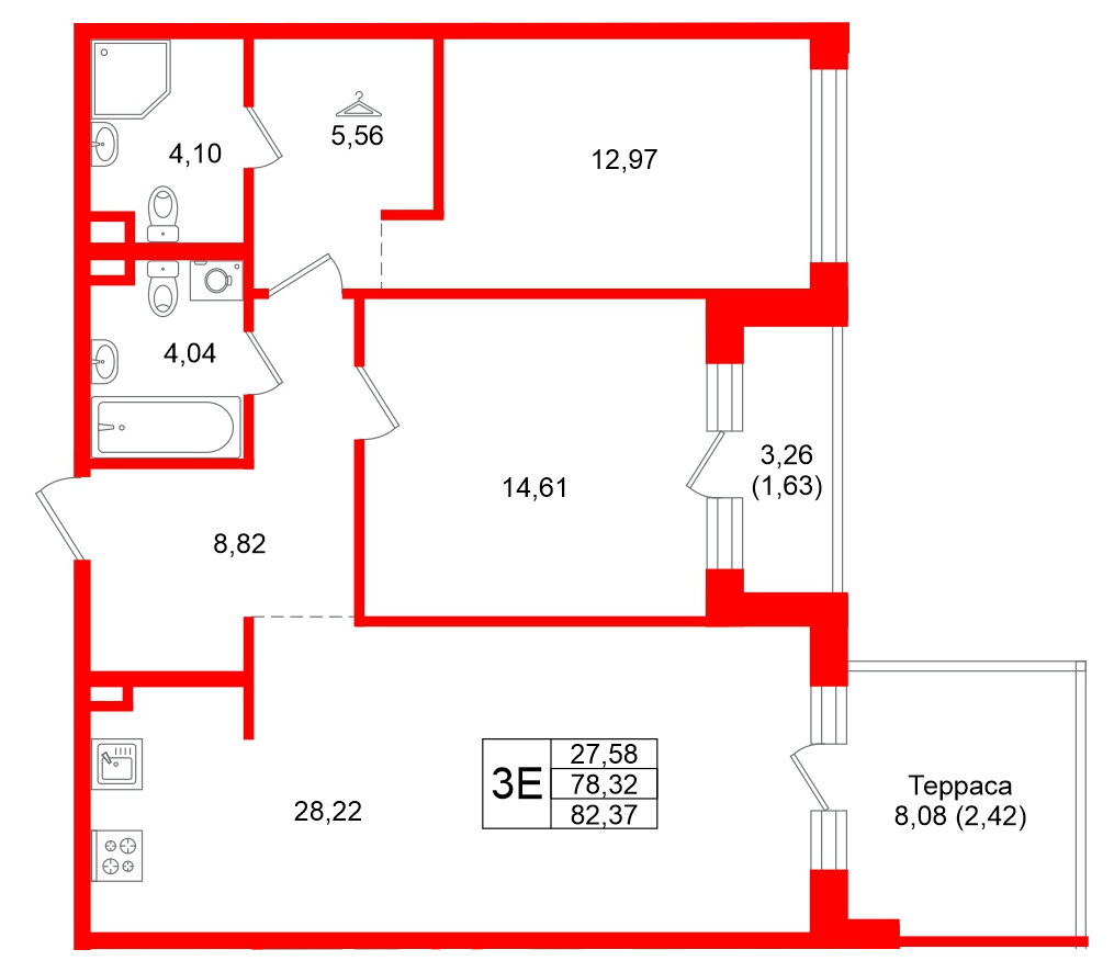 Квартира в ЖК Энфилд, 2 комнатная, 82.37 м², 2 этаж