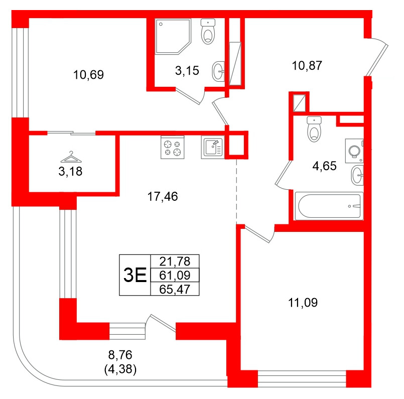 Квартира в ЖК Энфилд, 2 комнатная, 65.47 м², 10 этаж