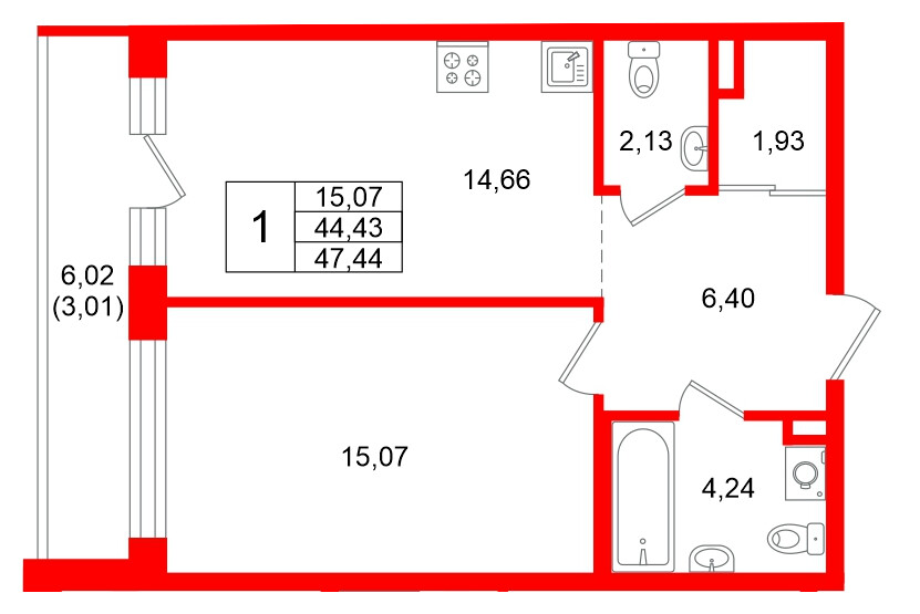 Квартира в ЖК Энфилд, 1 комнатная, 47.44 м², 2 этаж