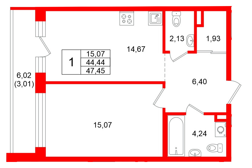 Квартира в ЖК Энфилд, 1 комнатная, 47.45 м², 4 этаж