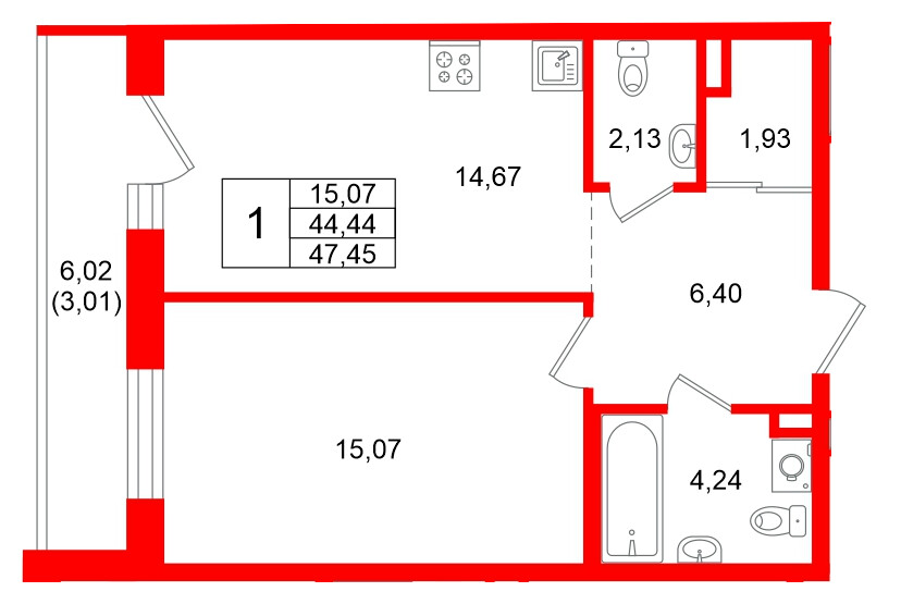 Квартира в ЖК Энфилд, 1 комнатная, 47.45 м², 9 этаж