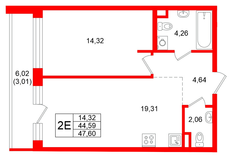 Квартира в ЖК Энфилд, 1 комнатная, 47.6 м², 2 этаж