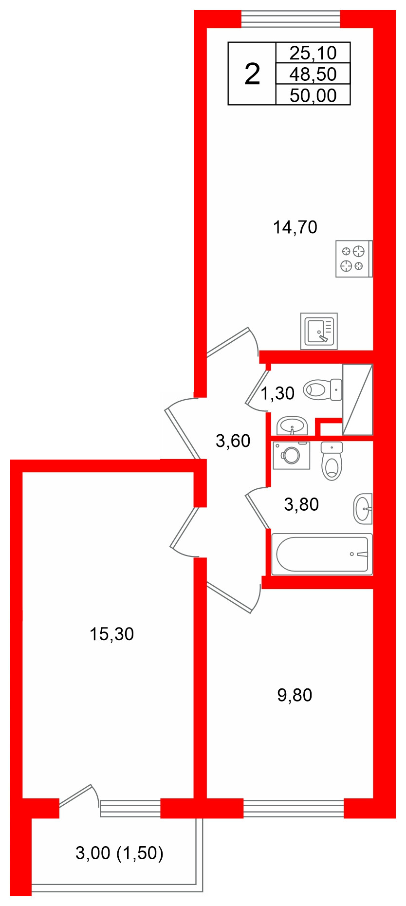 Квартира в ЖК «Ручьи–2», 2 комнатная, 50 м², 16 этаж