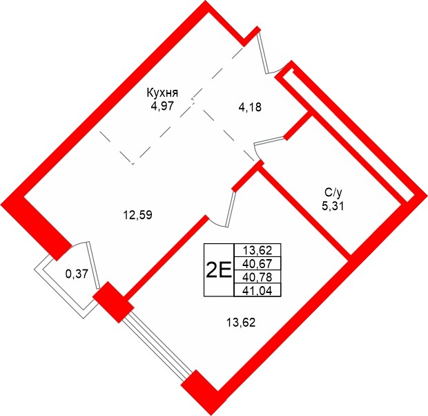 Квартира в ЖК «Северный ветер», 1 комнатная, 41.04 м², 9 этаж