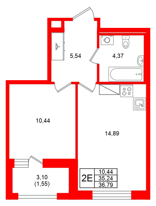 Квартира в ЖК «Аквилон Солар», 1 комнатная, 36.79 м², 10 этаж
